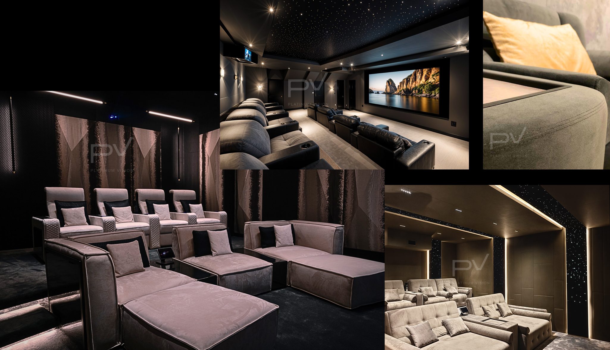 Home cinema fit-out with tiered upholstered seating in a Dubai villa